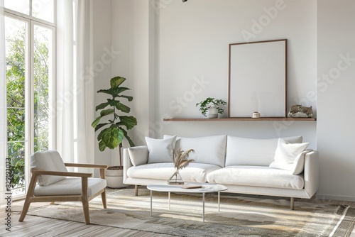 Living room with furniture artwork and tropical view Wall space for mockup 3D render