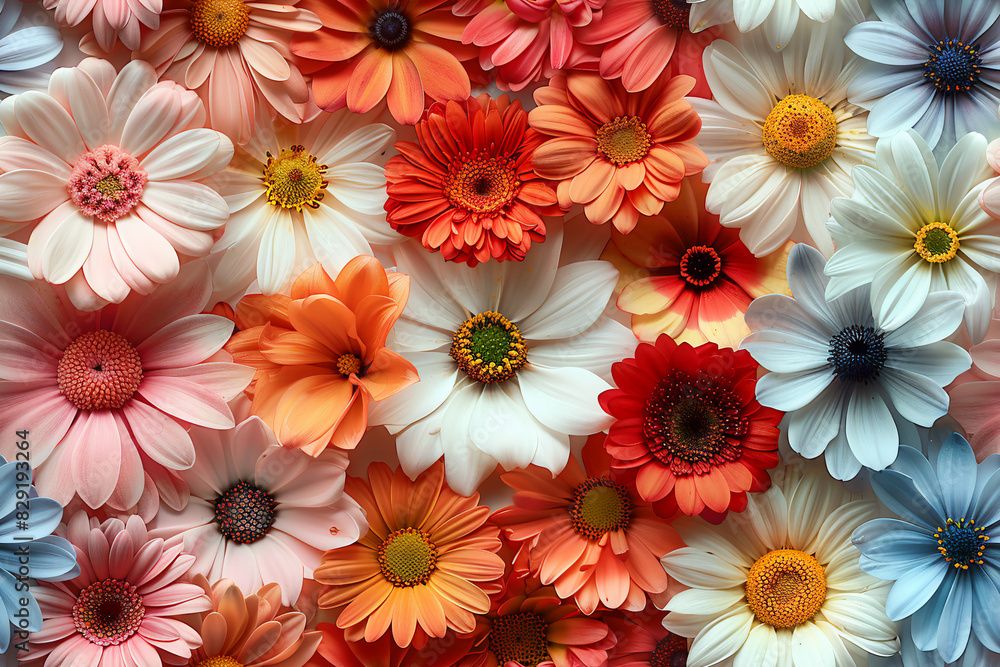 Flowers of different types and colors are seamlessly patterned on a white backgrounds, wallpaper