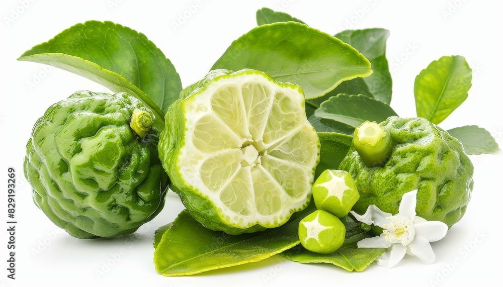 Isolated white background with bergamot or kaffir lime fruit flower and green leaf Isolated white background with bergamot or kaffir lime fruit flower and green leaf