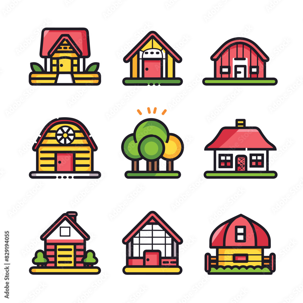 Collection colorful farmhouses barns set against isolated white background. Cartoonstyle illustration various rural homes agricultural buildings. Simple, vibrant graphics depicting country living