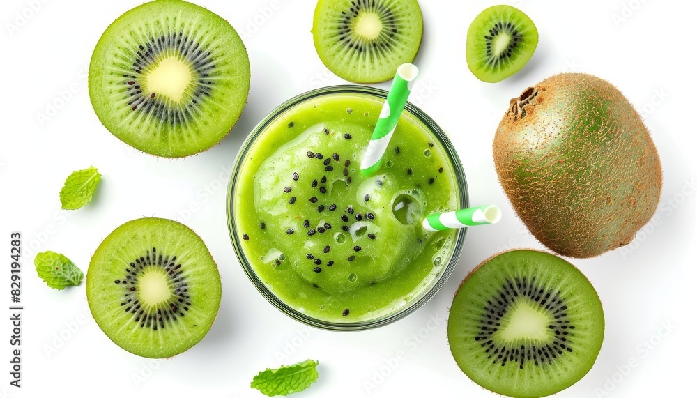 Fototapeta premium Kiwi smoothie with straw isolated on white background seen from above
