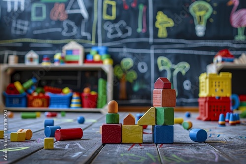 Wallpaper Mural Kids playroom with colorful educational blocks and games floor for preschoolers Kindergarten interior with chalkboard background and free space Torontodigital.ca