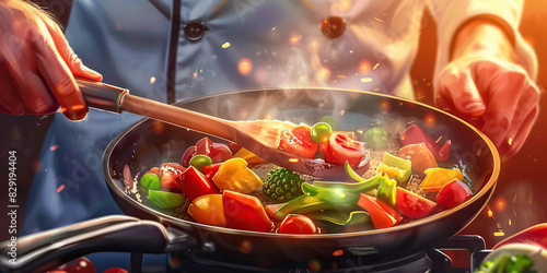 A chef expertly sautées fresh vegetables in a sizzling pan