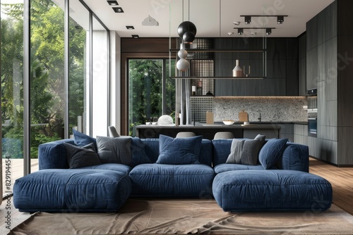 Large blue cozy corner sofa in contemporary living room with large windows overlooking dark kitchen