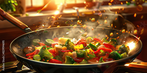 A chef expertly sautées fresh vegetables in a sizzling pan