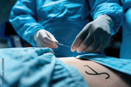 Doctors performing abdominoplasty surgery in the hospital. Focus on male plastic surgeon doing abdominal plastic surgery in operating room. Concept of tummy tuck and cosmetic surgery photo