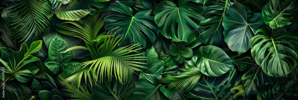Immerse in the vibrant beauty of a lush tropical green leaves background, showcasing rich botanical diversity and captivating shades of green in a dense, stunning tropical forest setting. Immerse in the vibrant beauty of a lush tropical green leaves background, showcasing rich botanical diversity and captivating shades of green in a dense, stunning tropical forest setting.