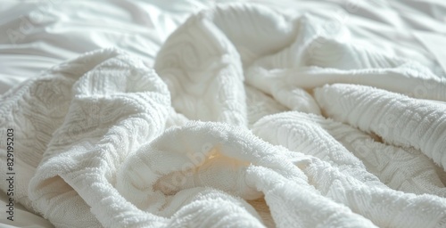 Linen thrown on hotel bed after use made of absorbent cotton
