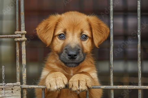 Lonely red puppy in shelter cage waiting for new owner