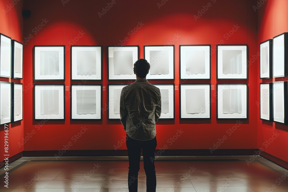 Man in gallery observing empty frames