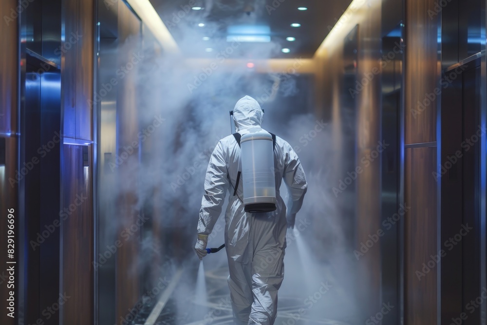 Man in white protective suit sprays hotel rooms and elevator with Ulv Cold Fogger machine to prevent coronavirus contamination