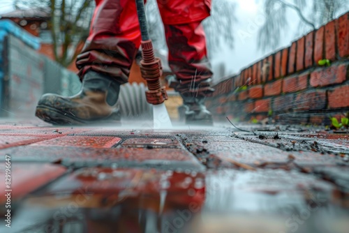 Man cleaning red concrete blocks with high pressure water cleaner Paving maintenance Wearing waterproof trousers and waders Spring gardening tasks © LimeSky