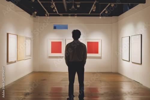 Man in art gallery looking at blank frames