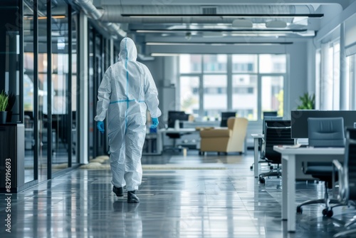 Man in hazmat suit cleans office furniture to prevent COVID 19 spread in quarantined city photo