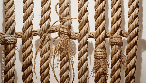 A series of jute ropes showing various stages of fraying against a white backdrop, symbolizing photo