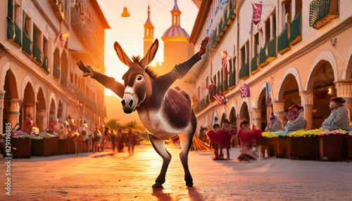 an animated GIF of a donkey doing a funny dance routine, with playful movements and a joyful, comedic vibe photo