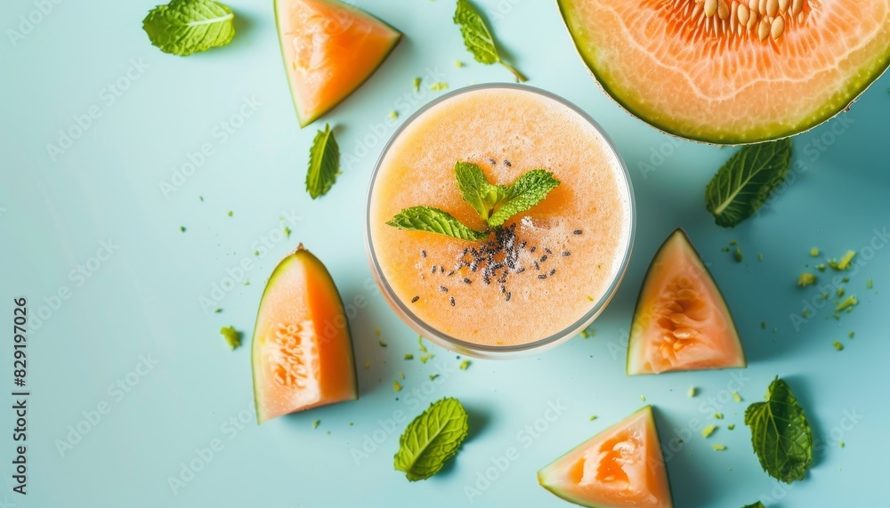 Melon smoothie with mint on blue backdrop Melon smoothie with mint on blue backdrop
