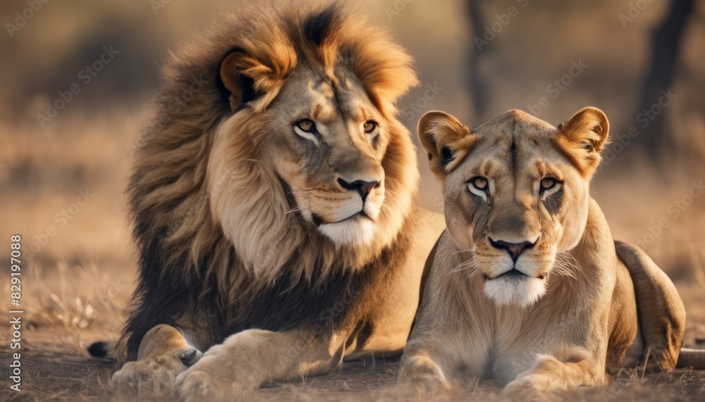 Male and a female lion resting together in a natural habitat, with the warm lighting accentuating their serene presence.