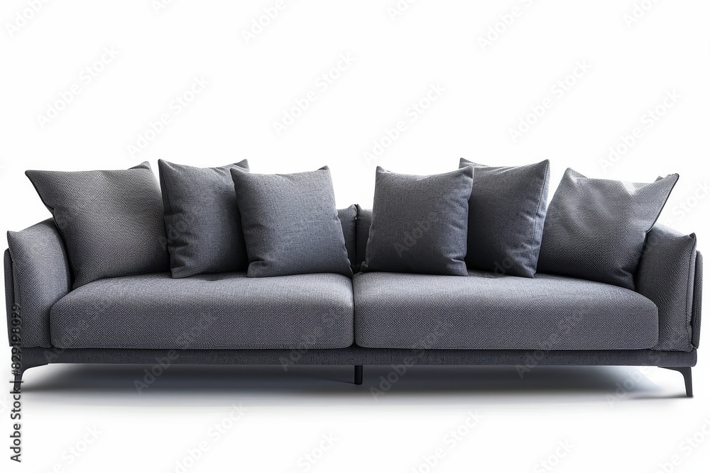Fototapeta premium Modern grey sofa with 4 pillows on white background with clipping path included