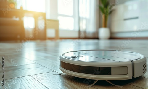 Robot vacuum cleaner in smart home cleaning dust on floors photo