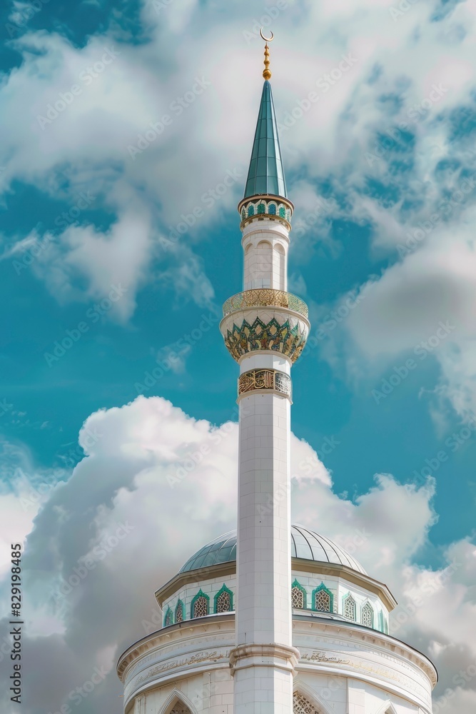 Low angle view of mosque against cloudy sky, copy space - generative ai
