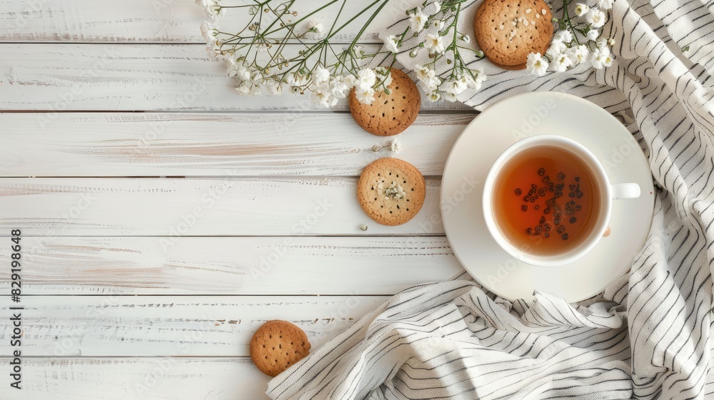 Top view of a white wood table background with tea and cookies Top view of a white wood table background with tea and cookies