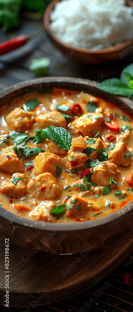 A delicious bowl of creamy chicken curry garnished with fresh herbs, served with a side of rice. Perfect for a flavorful meal. A delicious bowl of creamy chicken curry garnished with fresh herbs, served with a side of rice. Perfect for a flavorful meal.