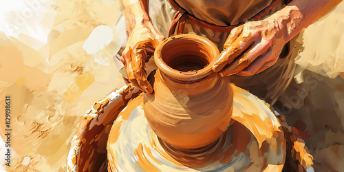 Burnt Umber Illustration: A potter shapes a lump of clay into a delicate vase, their fingers flying over the wheel in fluid motion