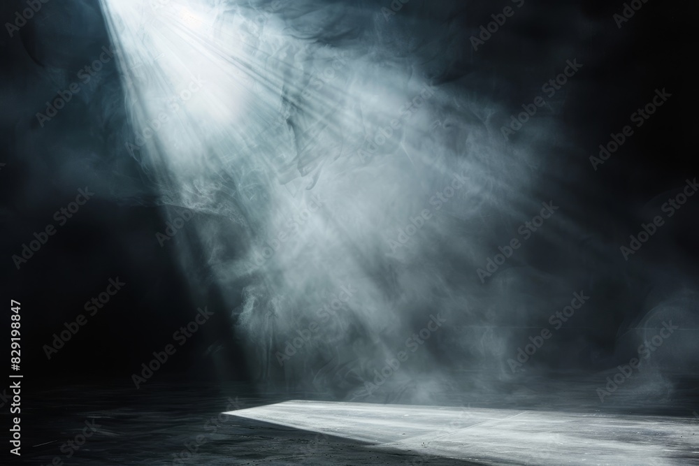 Scenic spot light shines on black smoky stage