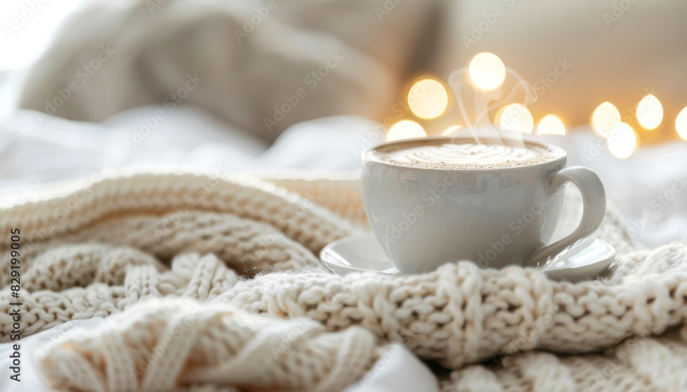 Selective focus on a hot cup of coffee on a soft white knit blanket on a bed with blurred foreground and background