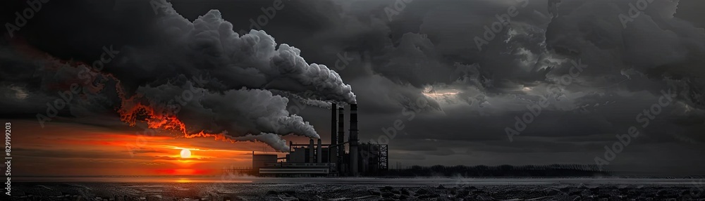 Industrial power plant emitting smoke during a dramatic sunset, highlighting pollution and environmental impact in a moody landscape.