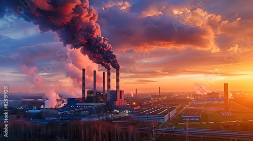 Industrial factory with large smoke stacks releasing pollution into the atmosphere during a vibrant sunset. Urban environmental impact. photo