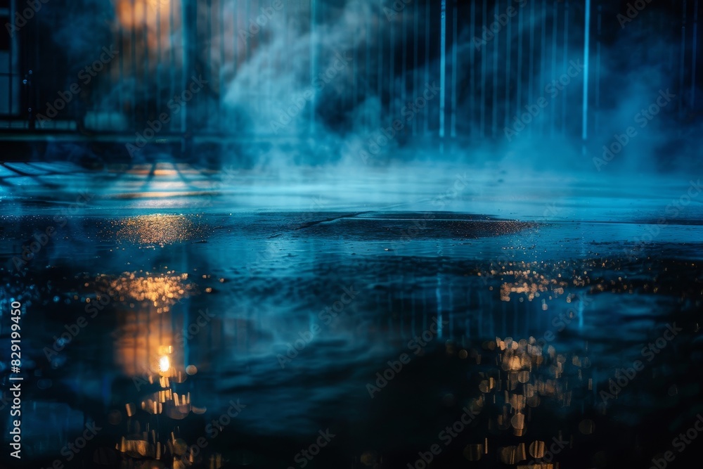Shadowy street reflective asphalt abstract dark atmosphere with smoke and neon lights Concrete ground