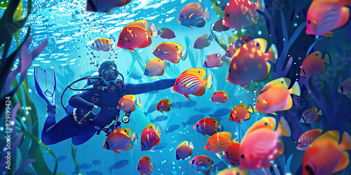 Cerulean Blue Illustration: A diver swims amongst a school of colorful fish, marveling at the beauty of their underwater world photo