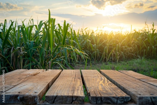 Set up wooden table in sugarcane field