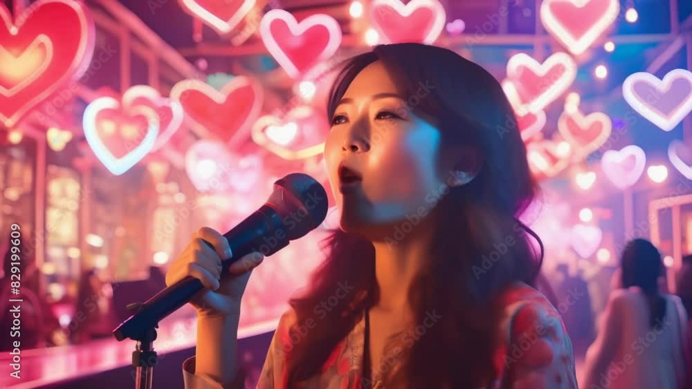 A woman passionately singing into a microphone in a vibrant karaoke bar illuminated with neon heart lights. The colorful and lively atmosphere highlights themes of entertainment, self-expression. A woman passionately singing into a microphone in a vibrant karaoke bar illuminated with neon heart lights. The colorful and lively atmosphere highlights themes of entertainment, self-expression.