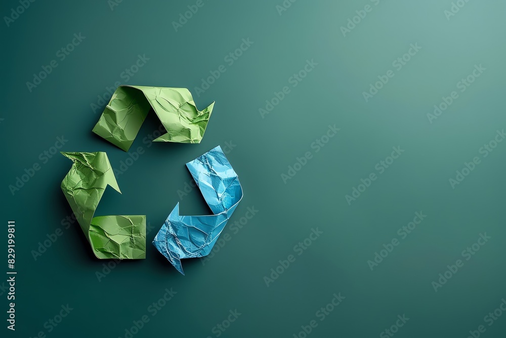 Recycling symbol made of crumpled green and blue paper on a teal background, promoting environmental sustainability and eco-friendly practices. Recycling symbol made of crumpled green and blue paper on a teal background, promoting environmental sustainability and eco-friendly practices.
