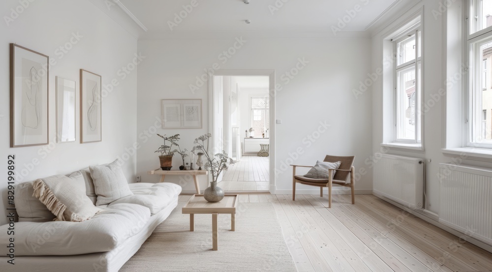 A serene Scandinavian home interior with white walls, light wooden floors, and clean, elegant decor that emphasizes simplicity and functionality A serene Scandinavian home interior with white walls, light wooden floors, and clean, elegant decor that emphasizes simplicity and functionality