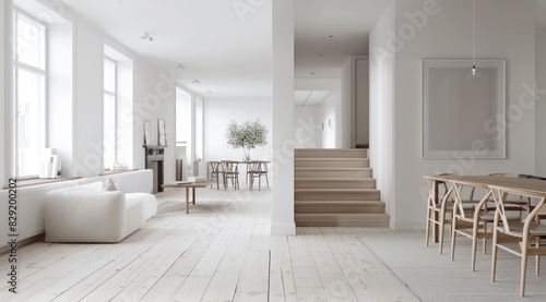 Modern Scandinavian home interior with white walls  light wooden flooring  and simple  elegant decor