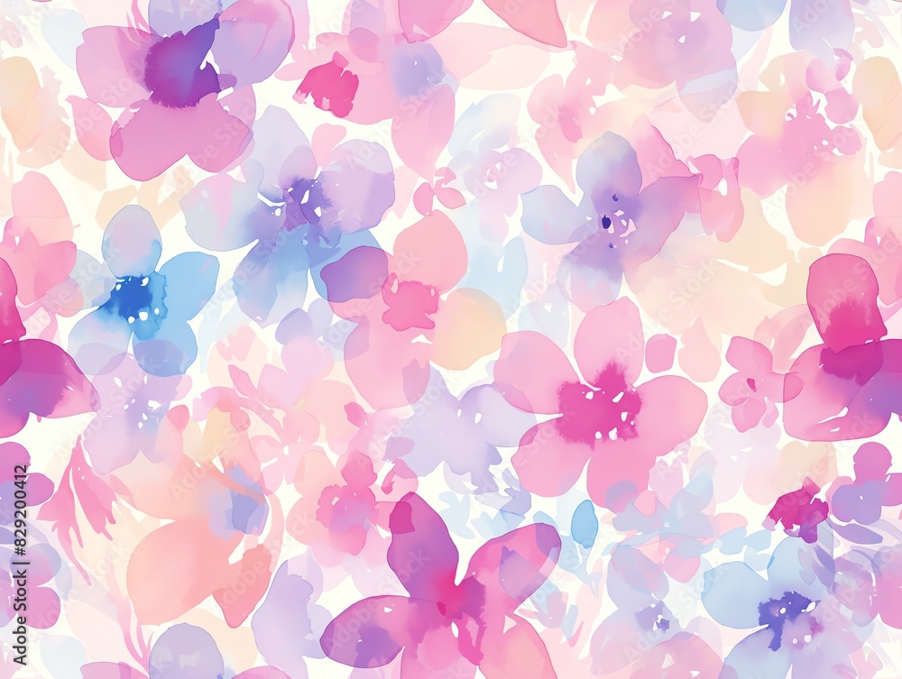 A beautiful watercolor painting of a variety of flowers in pastel shades of pink, purple, and blue. The flowers are arranged in a repeating pattern. A beautiful watercolor painting of a variety of flowers in pastel shades of pink, purple, and blue. The flowers are arranged in a repeating pattern.