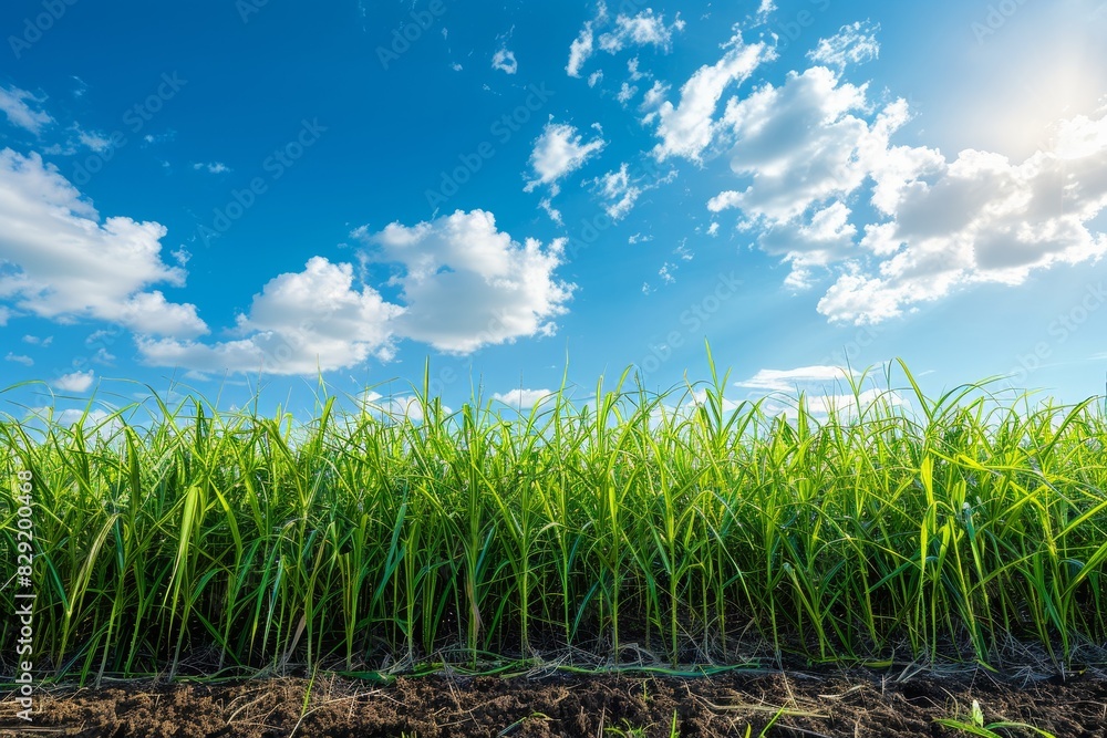 Sugar cane plantation with blue sky background a grass from the poaceae family used for food industry or renewable bioenergy power in the countryside Sugar cane plantation with blue sky background a grass from the poaceae family used for food industry or renewable bioenergy power in the countryside