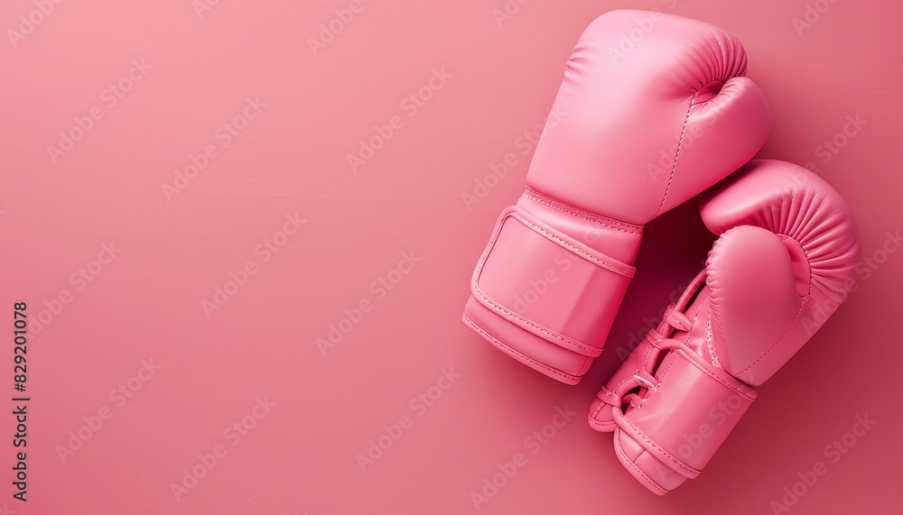 Symbolic pink boxing gloves representing women s rights and breast cancer awareness on pink background Copy space provided Mock up
