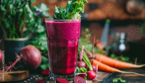 Tall glass with vegan smoothie juice made of red vegetables like radishes purple carrots beets and turnips