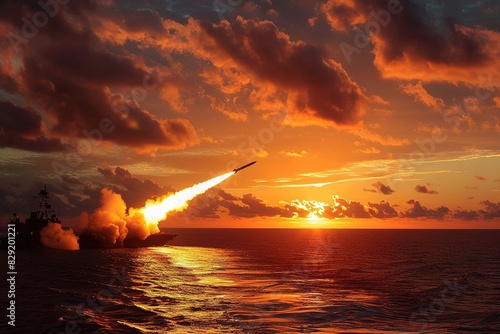 Dramatic missile launch from naval ship at sea during sunset