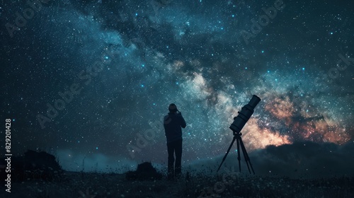 Silhouette of a man outdoors with his telescope observing outer space on a clear night, with a view of the star dust of the milky way galaxy in the background. photo