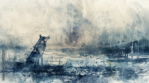 Capture the heartbreaking scene of a lone wolf howling in a barren, deforested landscape from a birds eye view Render it in soft, melancholic watercolors to evoke raw emotion photo