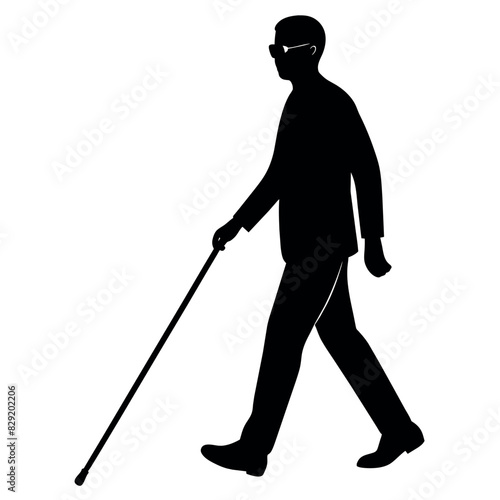 A blind man walking with cane vector silhouette, isolated  white background