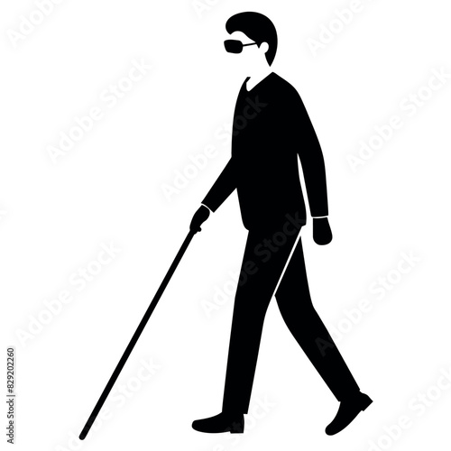 A blind man walking with cane vector silhouette, isolated  white background
