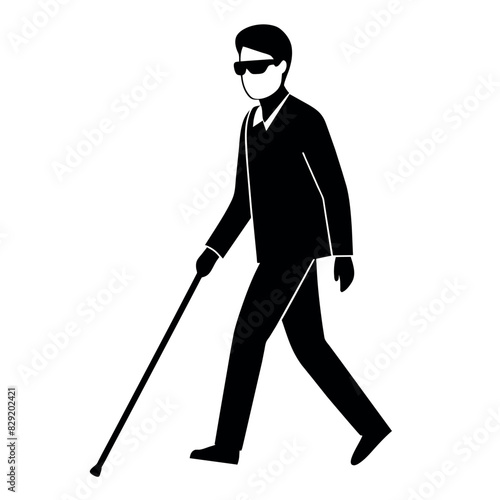 A blind man walking with cane vector silhouette, isolated  white background