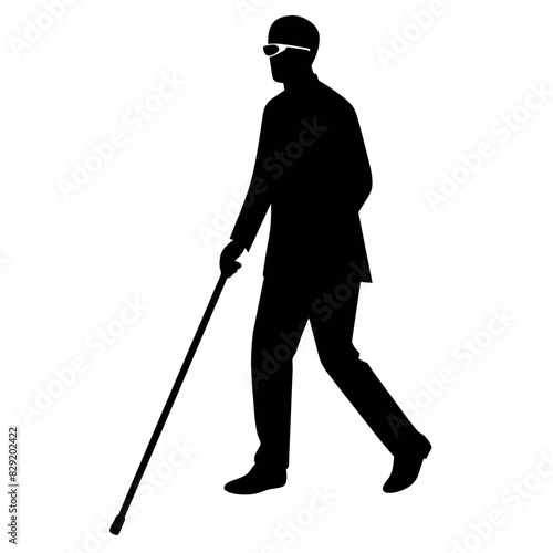A blind man walking with cane vector silhouette, isolated  white background